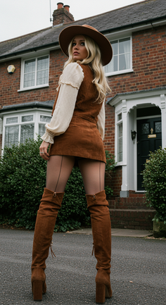 Woman in a brown suede dress and thigh-high boots posing outdoors