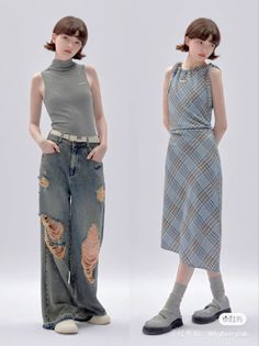 Two women posing in different outfits, one in ripped jeans and the other in a plaid dress