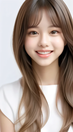 Young woman with long brown hair smiling against a white background