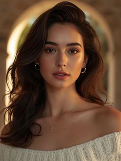 Woman with long brown hair wearing an off-shoulder sweater and jewelry
