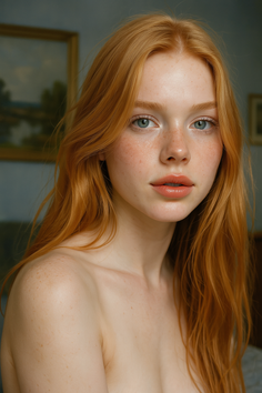 Woman with long red hair and freckles looking directly at the viewer