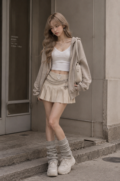 Woman in a pleated skirt, hoodie, and leg warmers standing outdoors