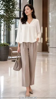 Woman in a white blouse and wide leg pants holding a handbag indoors
