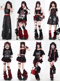 Multiple women in various gothic-inspired outfits with red and black plaid accents