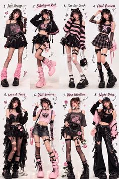 Eight women in various gothic and punk-inspired outfits with pink accents