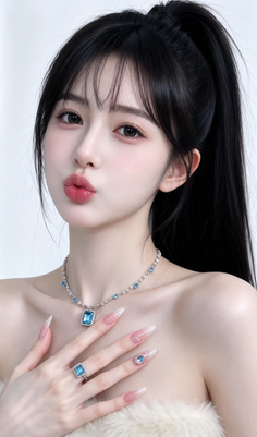 Woman with black hair in a ponytail wearing blue jewelry and showing exposed shoulders