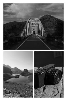 Collage of a bridge, a mountain lake, and a digital camera in black and white