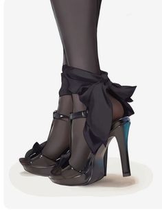 Illustration of legs in black stockings and high heels with ribbon ties