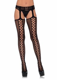 Person wearing black fishnet stockings with a garter belt and high heels