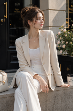 Woman in a beige suit and white top sitting outdoors