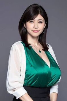 Woman in a green top and white blouse with a necklace and earrings