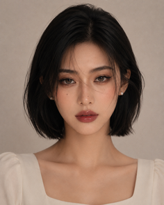Woman with short black hair and pearl earrings in a soft lighting portrait