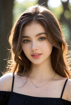 Woman with long brown hair and green eyes in soft outdoor lighting
