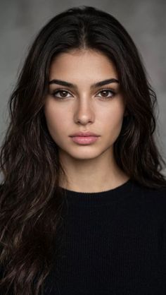 Woman with long dark hair and brown eyes wearing a black sweater
