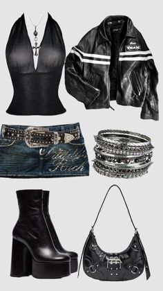 Collection of gothic-style clothing and accessories on a grey background