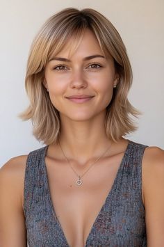 Woman with short blonde hair and a heart necklace smiling at the camera