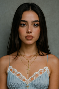 Woman with long dark hair wearing a light blue top with lace trim and gold necklaces