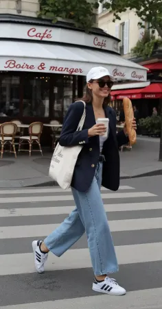 Woman in a blazer and jeans crossing a street with a baguette and coffee