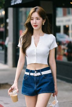 Woman in a white crop top and denim shorts holding a drink on a street