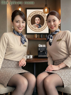 Two women in uniforms and short skirts sitting in a coffee shop