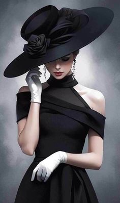 Woman in a black hat and dress with white gloves and long earrings