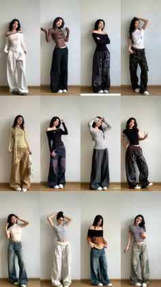 Multiple women posing in various casual outfits against a white wall