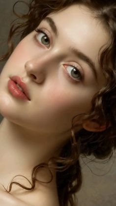 Close up portrait of a woman with curly brown hair and green eyes