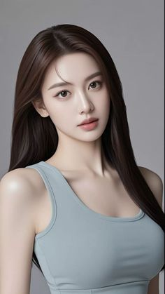 Woman with long dark hair wearing a light blue top in a studio setting