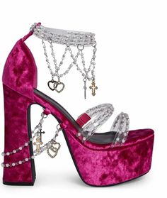 Pink velvet platform heels with pearl chains and charms