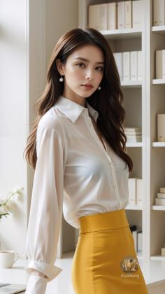 Woman with long hair in a white blouse and yellow skirt indoors