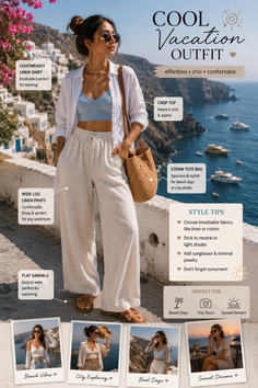 Woman in a linen vacation outfit with a straw tote bag outdoors