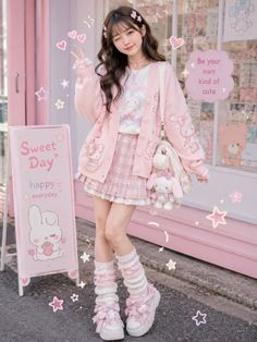Woman in a pink plaid skirt and cardigan with leg warmers and platform shoes