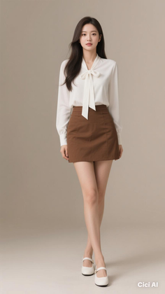 Woman in a white blouse and brown skirt posing in a studio