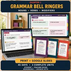 Educational grammar bell ringers displayed on a laptop and large screen