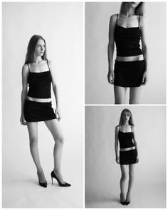 Woman in a black top and mini skirt with high heels in a studio shot