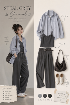 Woman in a striped shirt and wide leg pants with a shoulder bag
