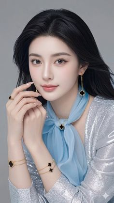 Woman with long black hair wearing a blue scarf and clover jewelry