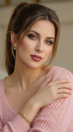 Woman in a pink sweater with a ponytail and jewelry, looking at the camera