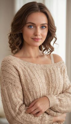 Woman with blue eyes and wavy hair wearing a beige off-shoulder sweater indoors