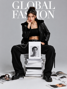 Woman in a black leather jacket and cargo pants sitting on a stack of books