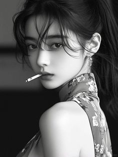 Woman with a cigarette in her mouth, looking over her shoulder