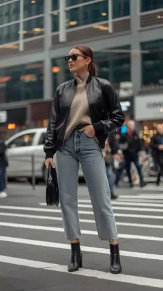 Woman in a black bomber jacket and jeans standing on a city street