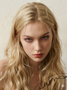 Blonde woman with green eyes and pink eyeshadow looking directly at the viewer