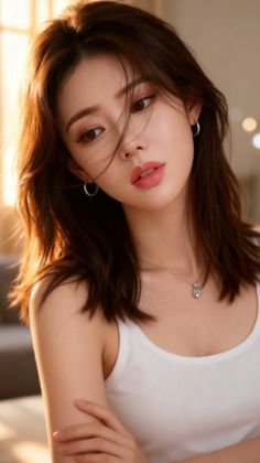 Woman with brown hair wearing a white tank top and jewelry, with soft lighting