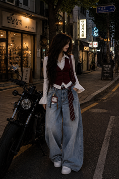 Woman in a vest and wide leg jeans standing on a city street at night