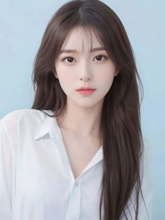 Woman with long brown hair wearing a white shirt against a light blue background