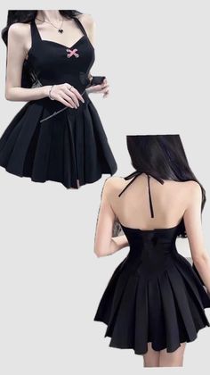 Woman in a black halter neck dress with a pleated skirt and pink bow detail