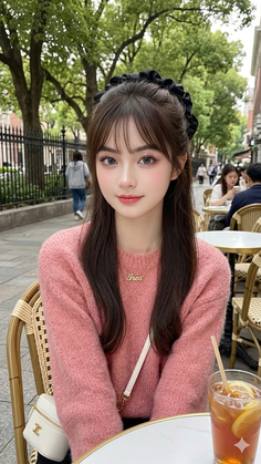 Woman with long hair and a pink sweater sitting at an outdoor cafe