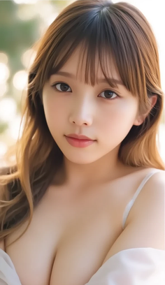 Woman with long brown hair and bangs, showing cleavage with soft lighting