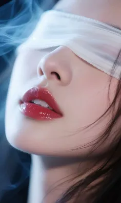 Close up of a person with a white blindfold and glossy red lips